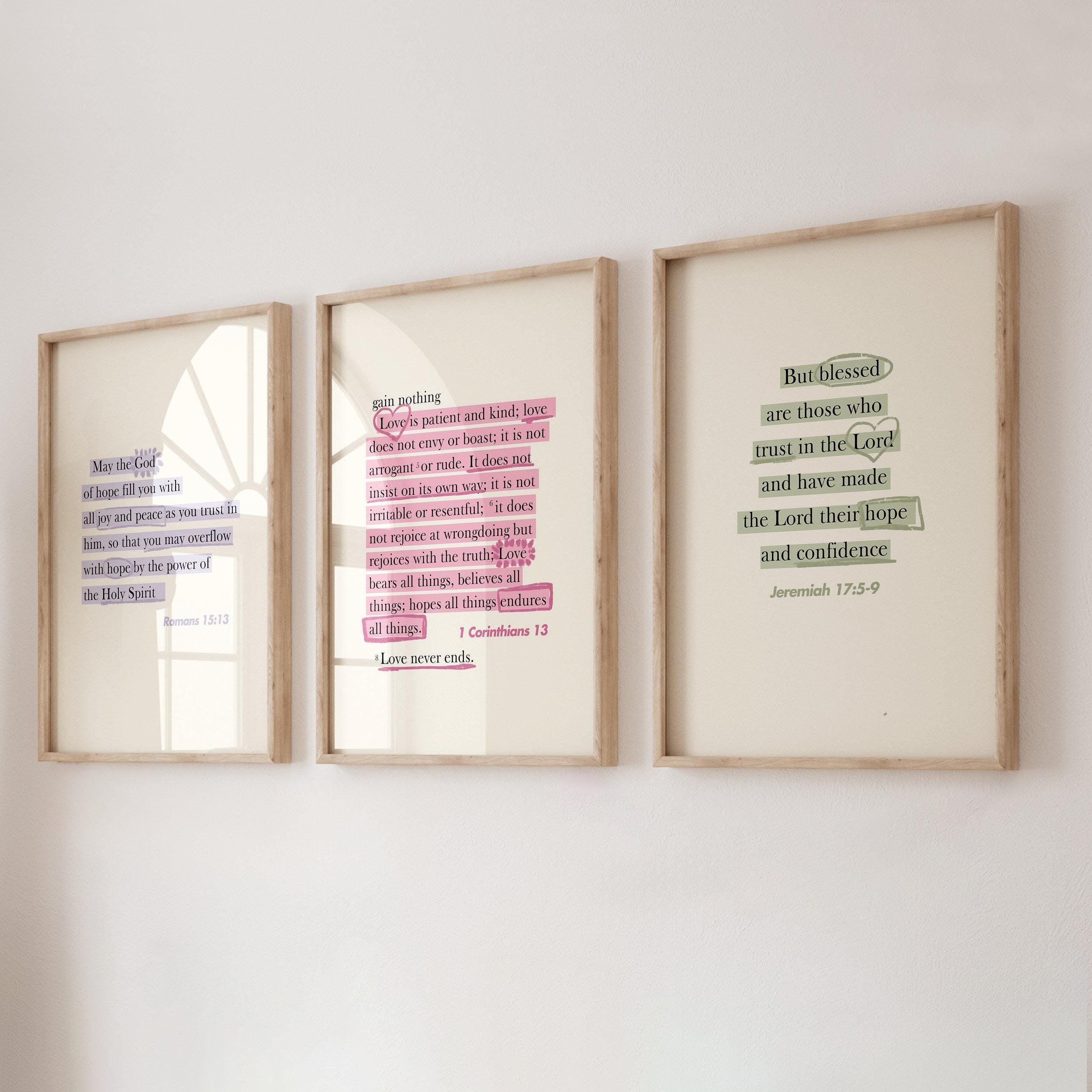 Set of 3 Bible Verse Poster, Scripture Print, Jesus Quote Art Print, Christian Gift For Her Corinthians Script